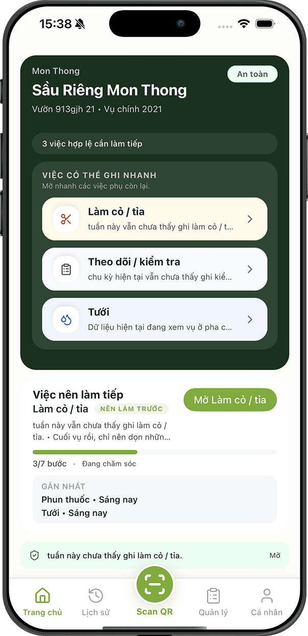 App Pione Trace tích hợp IoT — màn hình theo dõi cảm biến môi trường và nhật ký canh tác thời gian thực