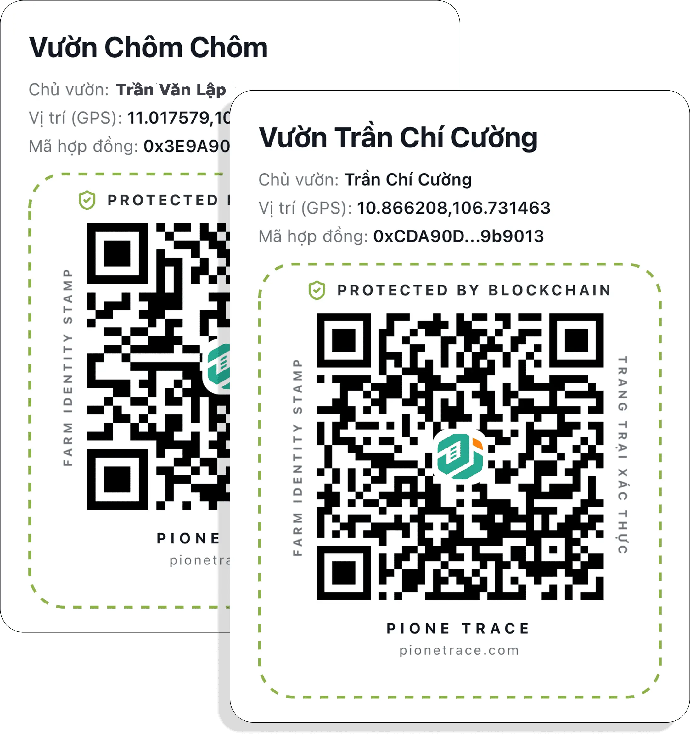 Tem QR blockchain Pione Trace — nhãn gắn trên sản phẩm, quét để xem toàn bộ lịch sử nguồn gốc và canh tác